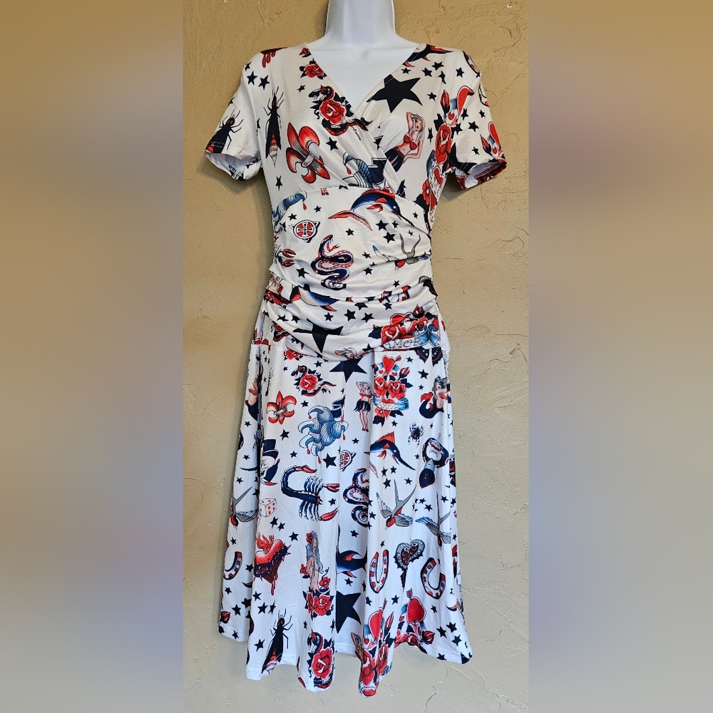 White Dress with Red and Blue Nautical Print
